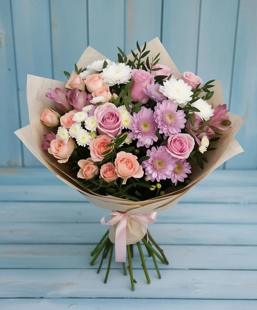 Букет цветов из: Хризантемы, Розы и Альстромерии в Оредеж