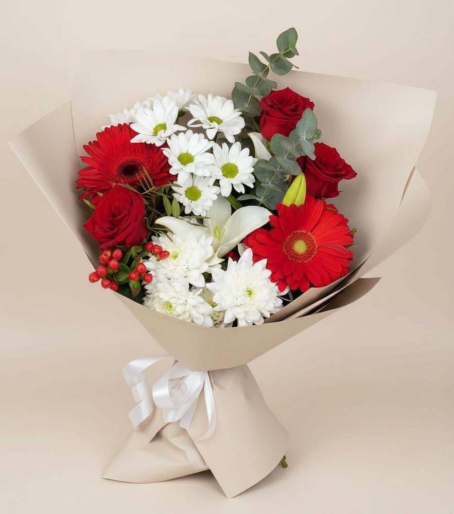 Букет цветов из: Розы, Хризантемы, Герберы и Лилии в Оредеж
